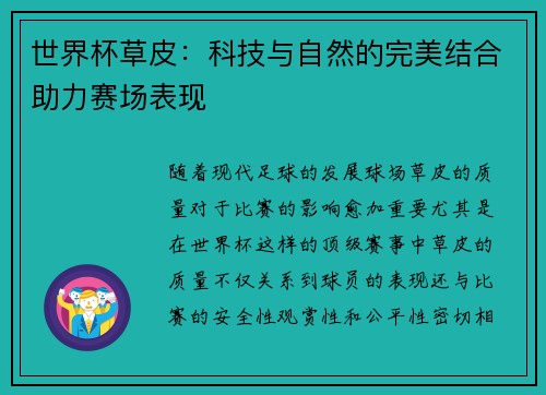 世界杯草皮：科技与自然的完美结合助力赛场表现