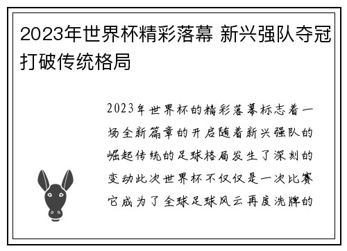 2023年世界杯精彩落幕 新兴强队夺冠打破传统格局